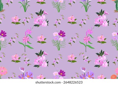 Padrão floral de pastel sem costura com flores rosa e roxas no fundo de lavanda, ilustração botânica elegante, design de flor de jardim vintage para tecido, papel de parede, envoltório de presente e projetos criativos