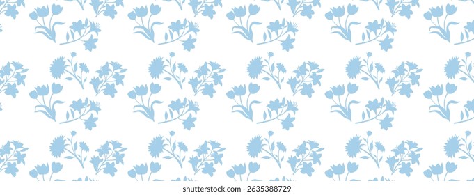 Seamless pastel floral pattern in soft blue silhouette style. Ideal for textiles, backgrounds, packaging, and surface design. Clean, minimal, and nature-inspired decorative art.