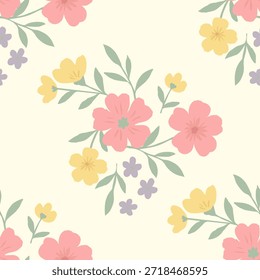 Patrón floral pastel sin costuras con flores amarillas rosadas suaves y hojas verdes sobre fondo claro para el diseño de la superficie de la tela textil del Fondo de pantalla.