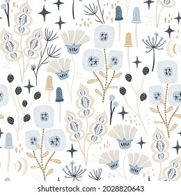 Seamless pastel floral texture with mushrooms,leaves, stars. Perfect for textile, fabric, wallpaper. Vector illustration