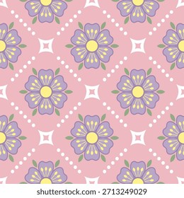 Seamless pastel floral vector pattern with cute flowers for fashion fabric, soft interior textile, and decorative packaging surface, feminine surface pattern
