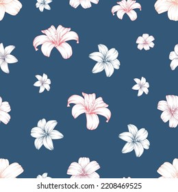 Flores pastel sin foco. Dibujo de la línea de flores de Lily. Dibujo manual de flor floreciente.