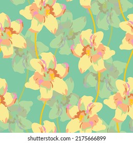 seamless pastel flowers pattern on green background , greeting card or fabric