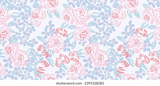 Seamless pastel flowers rose, leaves background texture. Vector hand drawn sketch. Floral brush pattern on a blue background. Design for fashion, fabric, wallpaper.