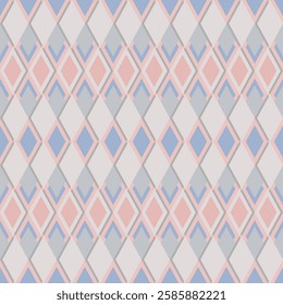 A seamless pastel geometric pattern featuring soft pink, blue, and white diamond shapes in a structured grid ,perfect for wallpapers, fabric prints, stationery, and elegant interior decorations.