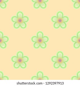 Seamless pastel geometric pattern. Green flowers with purple core on light sand yellow color background. Repeat botanical pattern. Vector illustration.