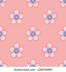 Seamless pastel geometric pattern. Pinkish flowers with blue core on light coral pink background. Repeat botanical pattern. Vector illustration.