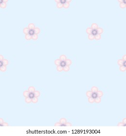 Seamless pastel geometric pattern. Small light pinkish flowers with violet core on light blue background. Repeat botanical pattern. Vector illustration.