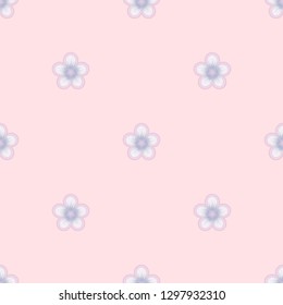 Seamless pastel geometric pattern. Small light greyish flowers with violet core on baby pink background. Repeat botanical pattern. Vector illustration.