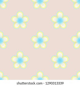 Seamless pastel geometric pattern. Yellowish flowers with light blue core on light beige background. Repeat botanical pattern. Vector illustration.