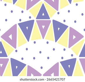 Seamless pastel geometric triangle pattern with playful dots, perfect for fabric, wrapping paper, and backgrounds.