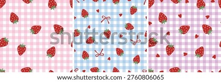 Seamless pastel gingham patterns with strawberries and hearts. Cute seamless pattern set featuring red strawberries, small hearts, and bows on pastel gingham backgrounds in pink, blue, and purple. This playful and feminine design is perfect for fabric, wallpaper, wrapping paper, packaging, and digital backgrounds with a soft, kawaii aesthetic.