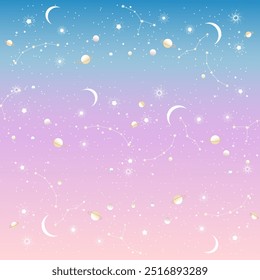 Fundo de gradiente pastel sem costura com corpos celestes como luas, planetas, estrelas e constelações. Perfeito para projetos sonhadores com temas espaciais, papéis de parede ou materiais de impressão.