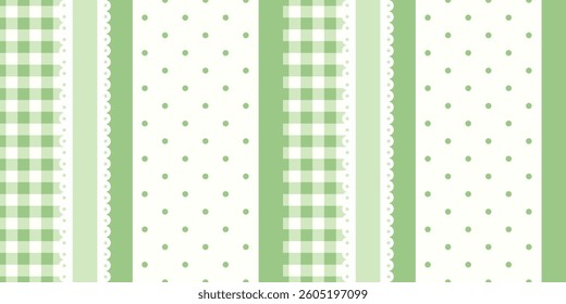  Seamless pastel green pattern with alternating gingham and polka dot stripes. For spring and Easter themes. Ideal for textile, wrapping paper, baby products, and seasonal backgrounds.