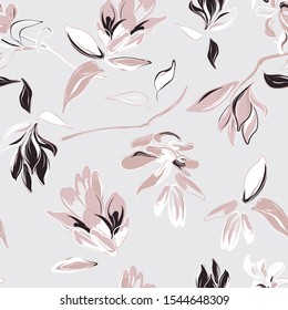 Seamless pastel grey vector Floral Pattern with foliage jungle elements. Tender soft simple colors flowers background. Floral summer botany  nature art