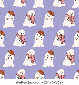 Seamless Pastel Halloween Vector Patterns with Cute Ghosts and Florals