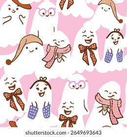 Seamless Pastel Halloween Vector Patterns with Cute Ghosts and Florals