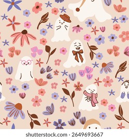 Seamless Pastel Halloween Vector Patterns with Cute Ghosts and Florals