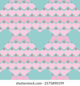 Seamless pastel heart pattern with pink and red hearts on a light turquoise background. A romantic and playful design perfect for Valentine's Day, weddings, gift wrapping, and textile projects. Vector