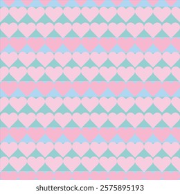 Seamless pastel heart pattern in pink, turquoise, and blue. A charming and modern design perfect for Valentine's Day, digital backgrounds, gift wrapping, home decor, and wedding themes. Vector.