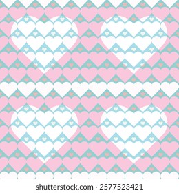 Seamless pastel heart pattern with pink, white, blue tones, perfect for Valentine's Day, wedding themes, romantic designs, gift wrapping, digital backgrounds. Soft  charming any love-inspired project.