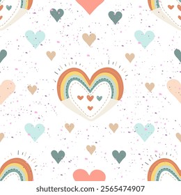 Seamless Pastel Heart Pattern with Rainbow Accents. Whimsical Heart and Rainbow Design on White Background. Colorful Hearts and Dotted Accents Repeating Pattern