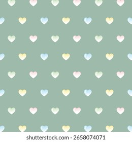 Nahtloses pastellfarbenes Herzmuster mit Wassertropfen-Effekt auf grünem Hintergrund - süße romantische Babydusche Tapete, weiches buntes Baumschulgewebe, Kawaii Valentine Wrapping Paper Textur