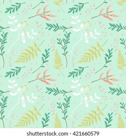 seamless pastel leaves pattern green background