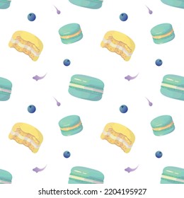Patrón de macarones pastel sin foco sobre fondo blanco. Macarons con sabor a limón y arándano.