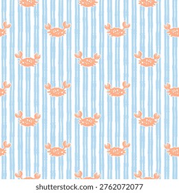 Seamless pastel marine pattern with shells corals flowers and stars, playful ocean themed boho background with soft blue stripes and bright red crabs