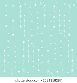 Seamless pastel mint green background with soft glowing stars hanging in a celestial, dreamy pattern. Perfect for wallpapers, textile designs, and decor.