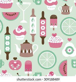 pastel sem costura hortelã cozinha estilo retro cozinhar chá e pote de café comida e fruta ilustração padrão de fundo em vetor