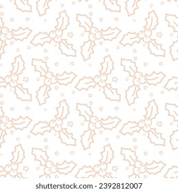 Seamless pastel monochrome pattern with Christmas botanical greenery plants. Endless texture for gift wrap, wallpaper, web banner, wrapping paper and fabric. Vector holiday background.