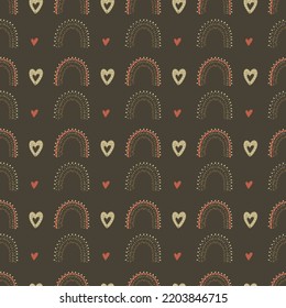 Seamless pastel new born valentine vector pattern with red hearts and rainbow on brown chocolate background. For baby holiday greeting or gift birthday paper and kids textile