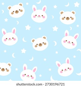 Padrão de berçário pastel sem costura com coelho sorridente e rostos de ursinho de pelúcia em fundo azul claro, decorado com estrelas e luas. Estilo de desenho animado plano suave para tecido do bebê, papel de parede, decoração das crianças e design têxtil.