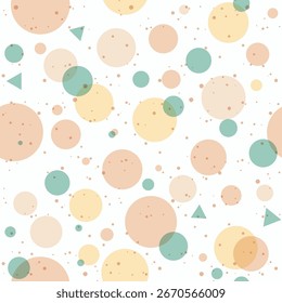 Patrón de lunares superpuestos en pastel sin costuras con círculos y triángulos en colores retro suaves. Fondo lindo, simple para textiles, Fondo de pantalla, papel de regalo, o decoración, no ai.