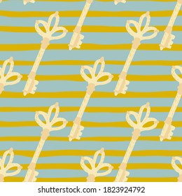 Seamless pastel palette pattern with hand drawn key ornament. Light yellow vintage silhouettes on background with yellow and blue strips. For wallpaper, textile, wrapping, fabric. Vector illustration