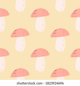 Seamless pastel palette pattern with mushrooms shapes. Wild forest ornament in yellow and light red tones. Decorative backdrop for wallpaper, textile, wrapping paper, fabric print. Vector illustration