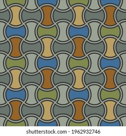 Seamless pastel pattern in 60s style. Template for fabric. Stylish background for cards. Wrapping paper pattern. Gren, blue, beige, olive color. Textile design. Fashionable color combinations. Vector.