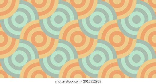 Seamless pastel pattern in 60s style. Template for fabric or wrapping paper. Circular luxury ornament. Abstract geometric pattern. Textile design. Fashionable color combinations. Disco. Circles.