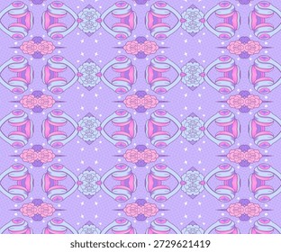 Padrão pastel sem emenda com formas florais abstratas, simetria, fundo decorativo, tons roxos suaves e textura para tecido, papel de parede e design de embalagem.