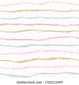Seamless pastel pattern of abstract textured wavy lines and dots.
