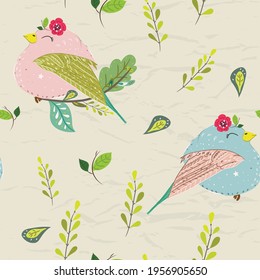 Seamless pastel pattern of birds with floral elements on crumpled paper background. Vector illustration EPS8