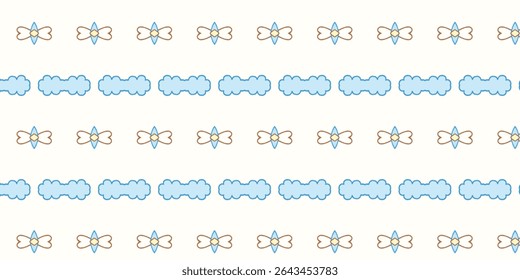 Seamless pastel pattern with blue clouds and brown outlined bows on white background. Ideal for nursery, textiles, or children's design themes.