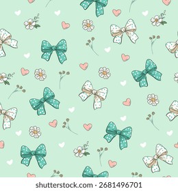 Seamless pastel pattern with bows, hearts and flowers on light mint background