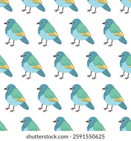 Seamless pastel pattern of bright birds. A spring painting on a white isolated background. Image for wallpaper, clothing, banners, postcards