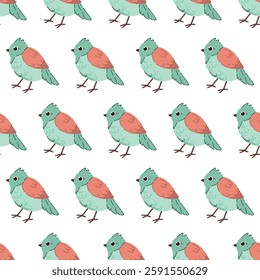 Seamless pastel pattern of bright birds. A spring painting on a white isolated background. Image for wallpaper, clothing, banners, postcards