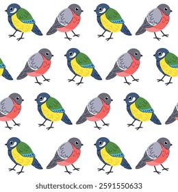 Seamless pastel pattern of bright birds. A spring painting on a white isolated background. Image for wallpaper, clothing, banners, postcards