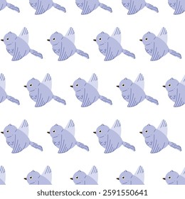 Seamless pastel pattern of bright birds. A spring painting on a white isolated background. Image for wallpaper, clothing, banners, postcards