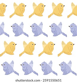 Seamless pastel pattern of bright birds. A spring painting on a white isolated background. Image for wallpaper, clothing, banners, postcards